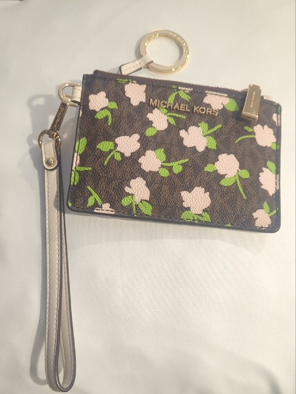 Michael Kors Brown/Cream Card Holder Wristlet w/ Pink Flowers & Keychain NWOT